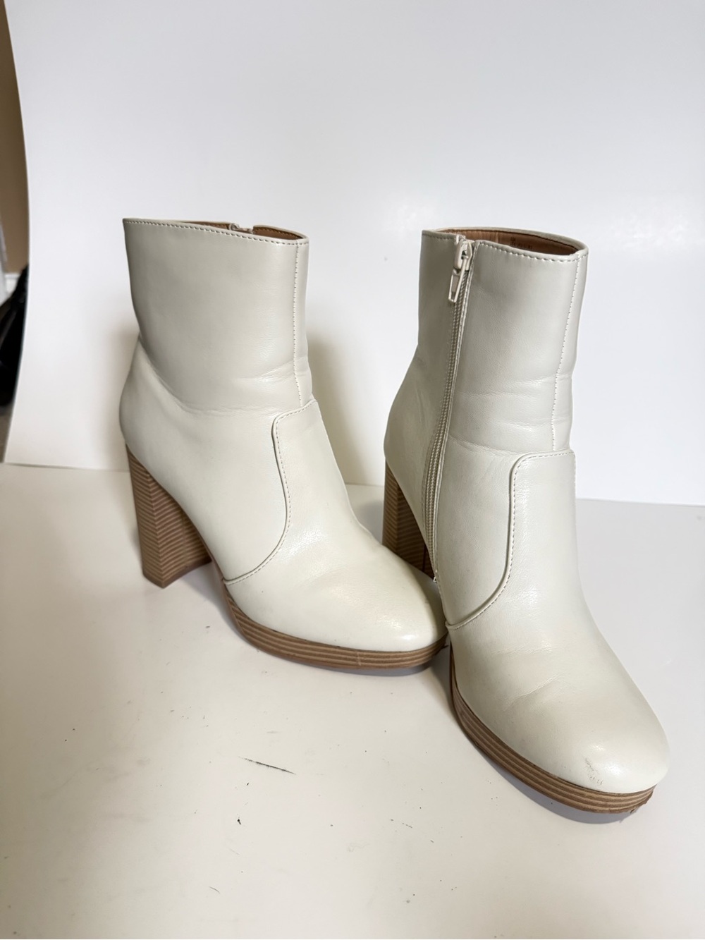 Women’s Cream Block Heel Ankle Boots with Side Zip